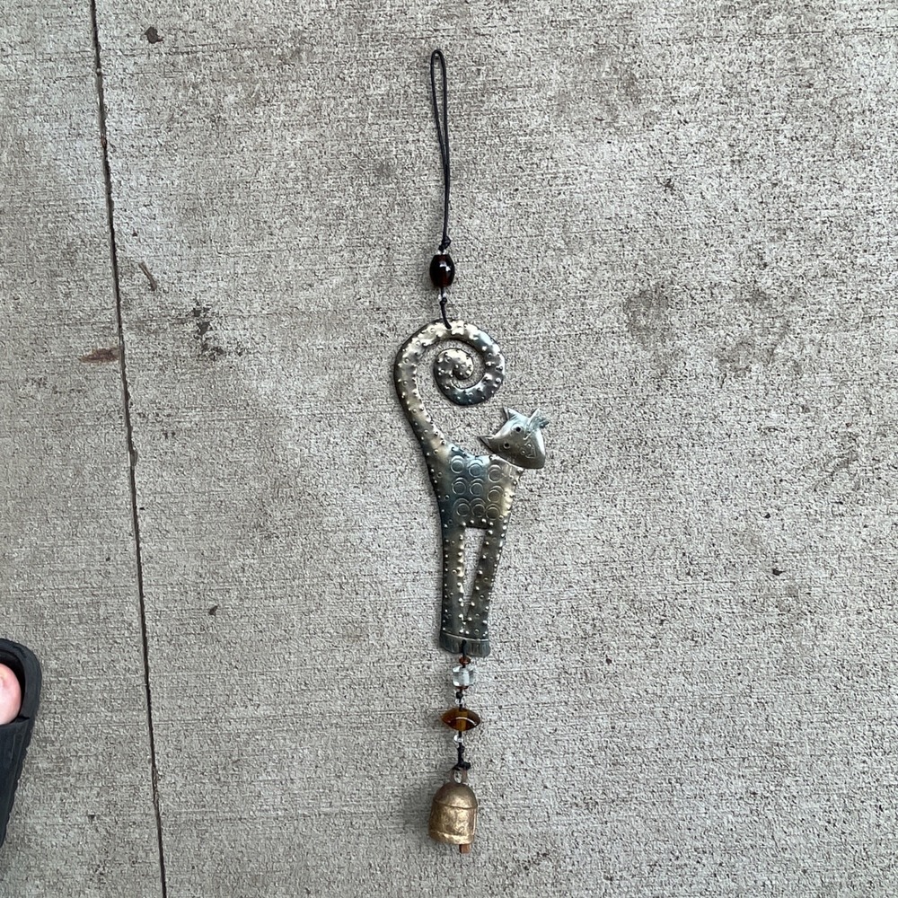 Handcrafted Metal Cat Wind Chime Featuring Blown Glass Beads & Bell
